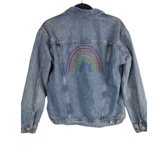 Old Navy Pride Denim Jean Jacket S Womens Boyfriend Blue Rainbow Button Front - Picture 9 of 12